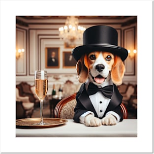 Happy beagle in elegant formal wear with champagne wine Posters and Art